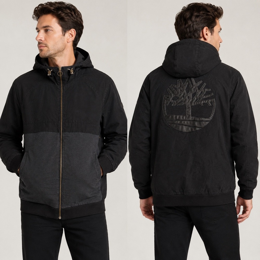 Timberland Mens XXL Black Grey‎ Hooded Waxed Jacket Big Logo Full Zip